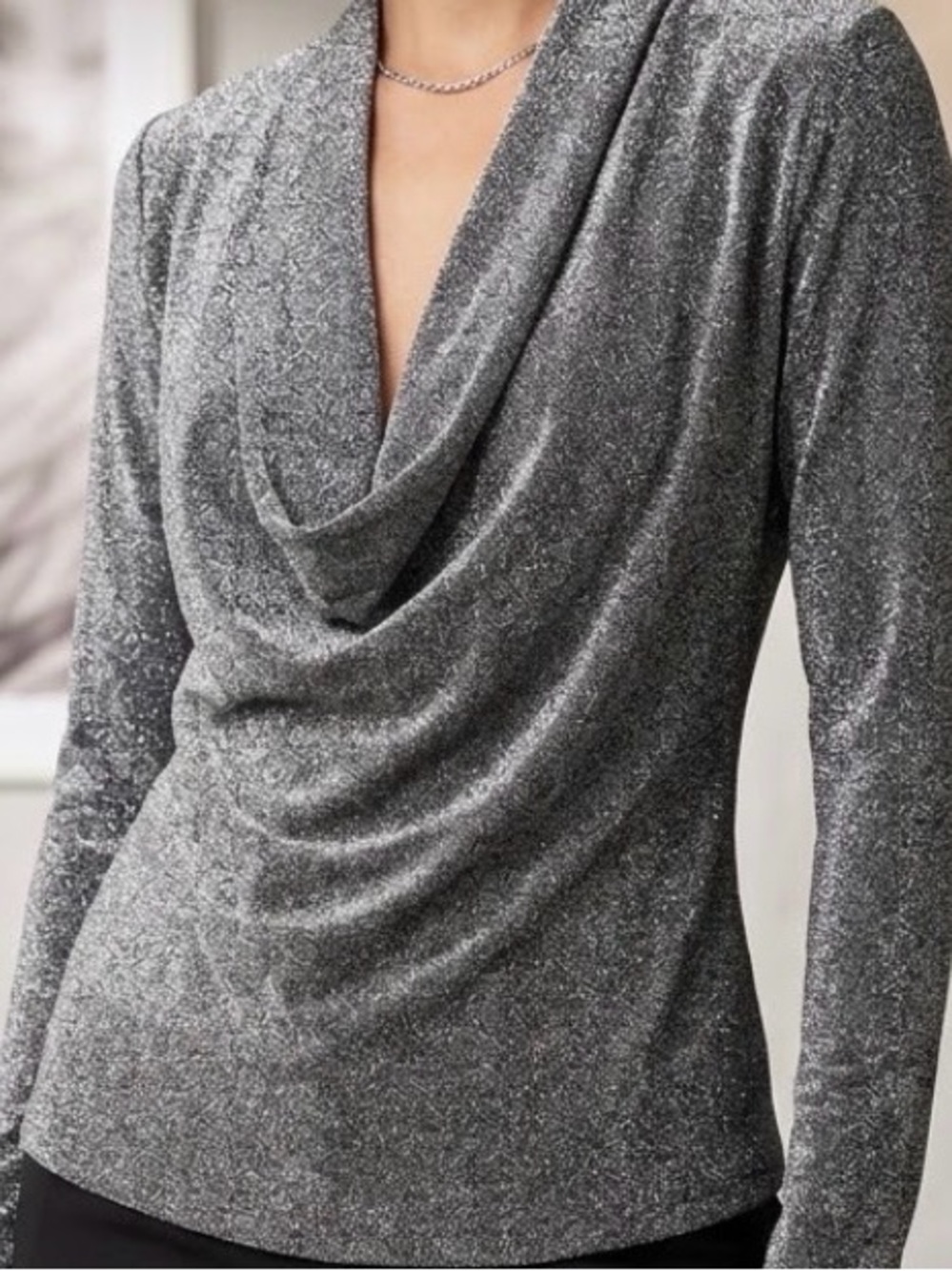 Metallic Silver Cowl Neck Long-Sleeve Top
